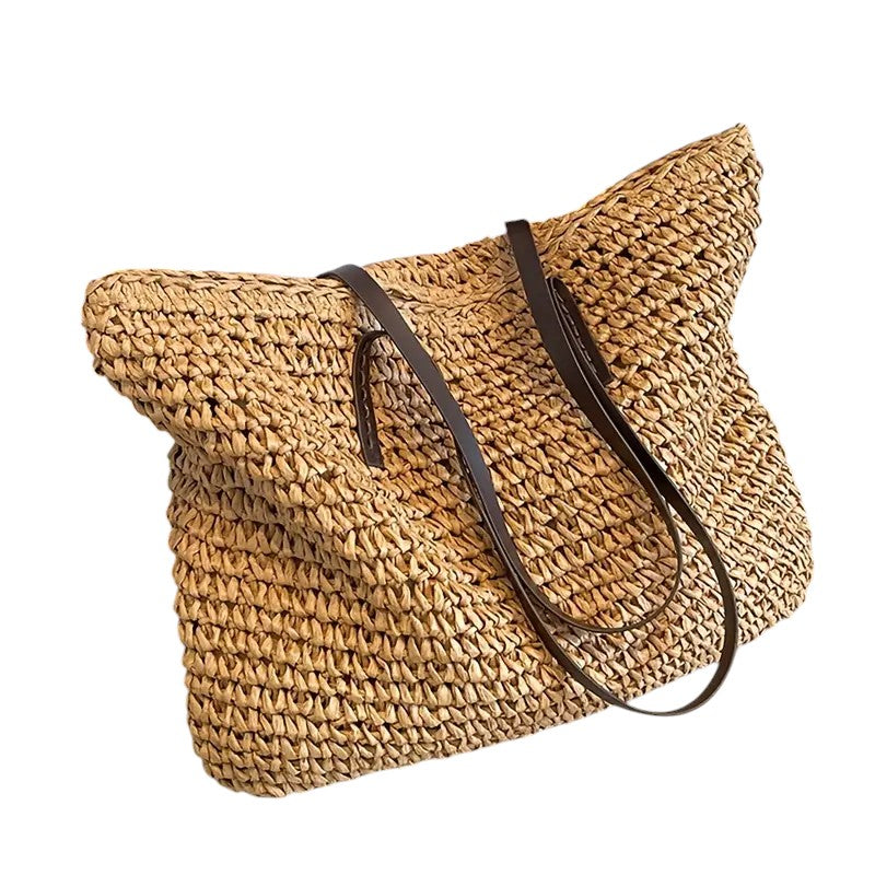 Damen Strohtasche beige Boho geflochten Sommer Strandtasche