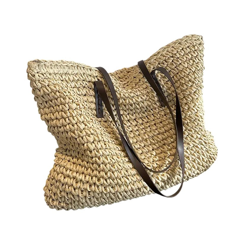 Damen Woven Tote Bag coffee Ledergriffe Flechtstruktur Strand