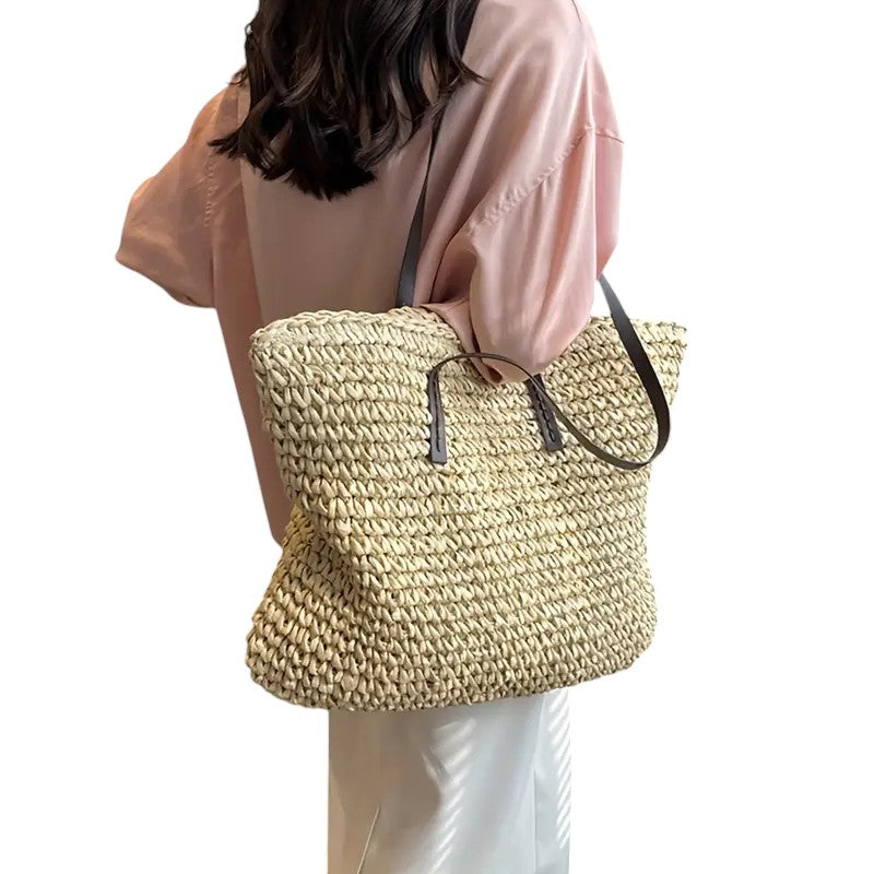 Damen Strandtasche Stroh geflochten khaki grün beige Boho