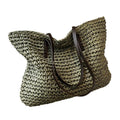 Damen Strohtasche geflochten Ledergriffe Boho Strand Sommer