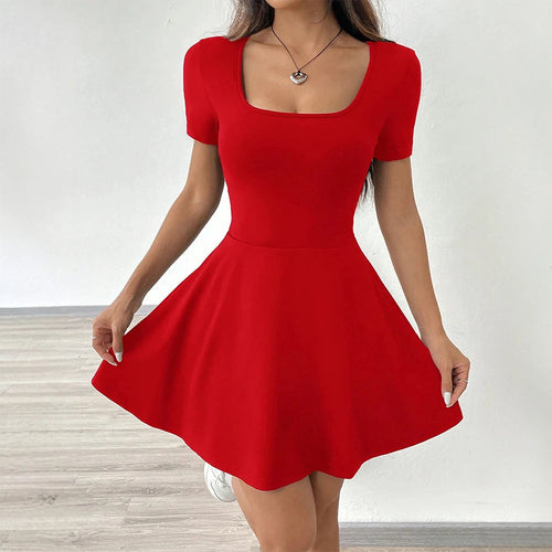 Damen A-Linien Minikleid rot eckiger Ausschnitt Puffärmel Cocktail