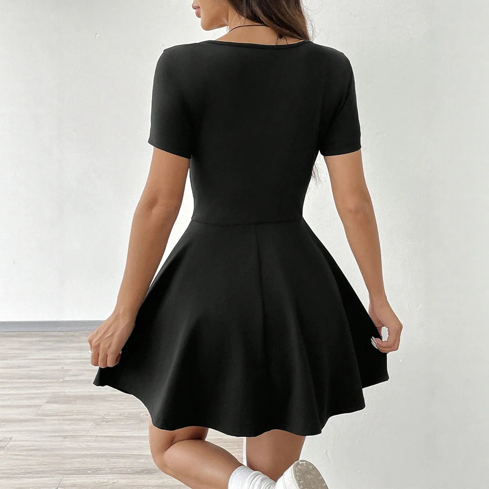 Damen Kleid braun A-Linien Mini eckiger Ausschnitt Feier