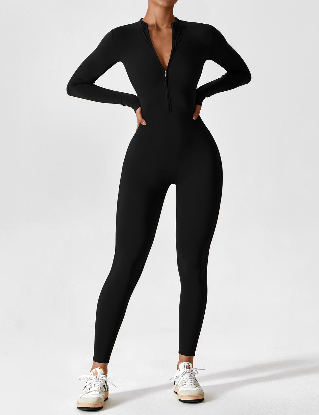Damen Sport Jumpsuit schwarz figurbetont Reißverschluss Fitness Sport