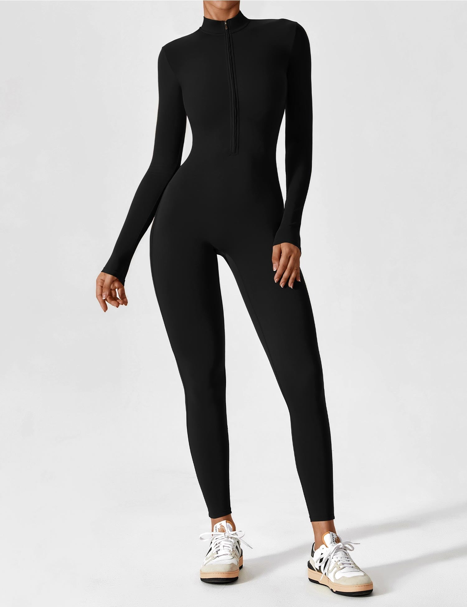 Damen Yoga Jumpsuit grau beige figurbetont Stehkragen