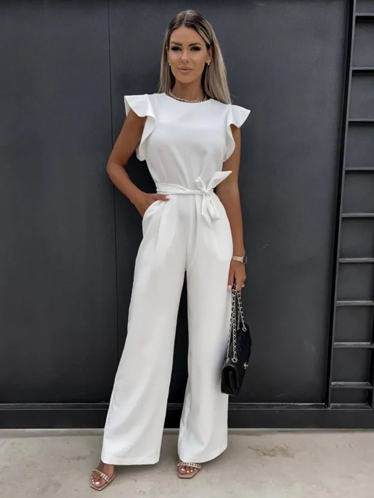 Damen Wide-Leg Jumpsuit hellrosa apricot Rüschen Bindeband