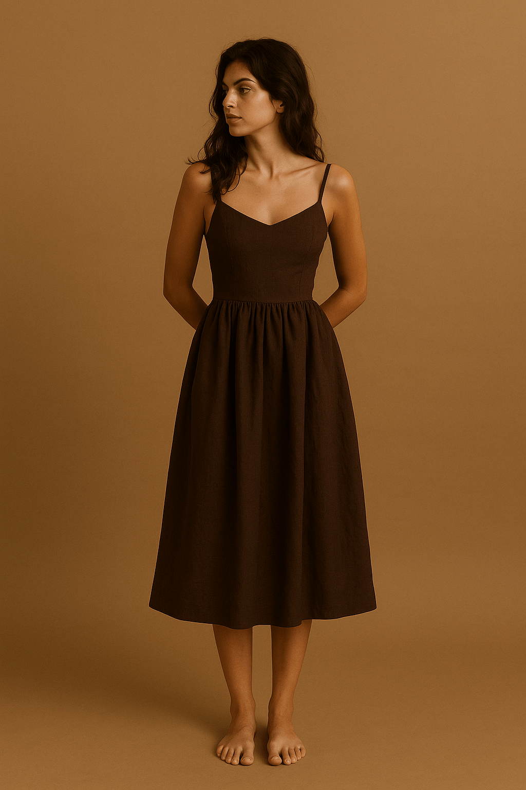 Damen Kleid Beige A-Linie Leinen-Baumwolle für Hochzeit und Festlichkeiten 