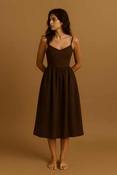 Damen Kleid Beige A-Linie Leinen-Baumwolle für Hochzeit und Festlichkeiten 