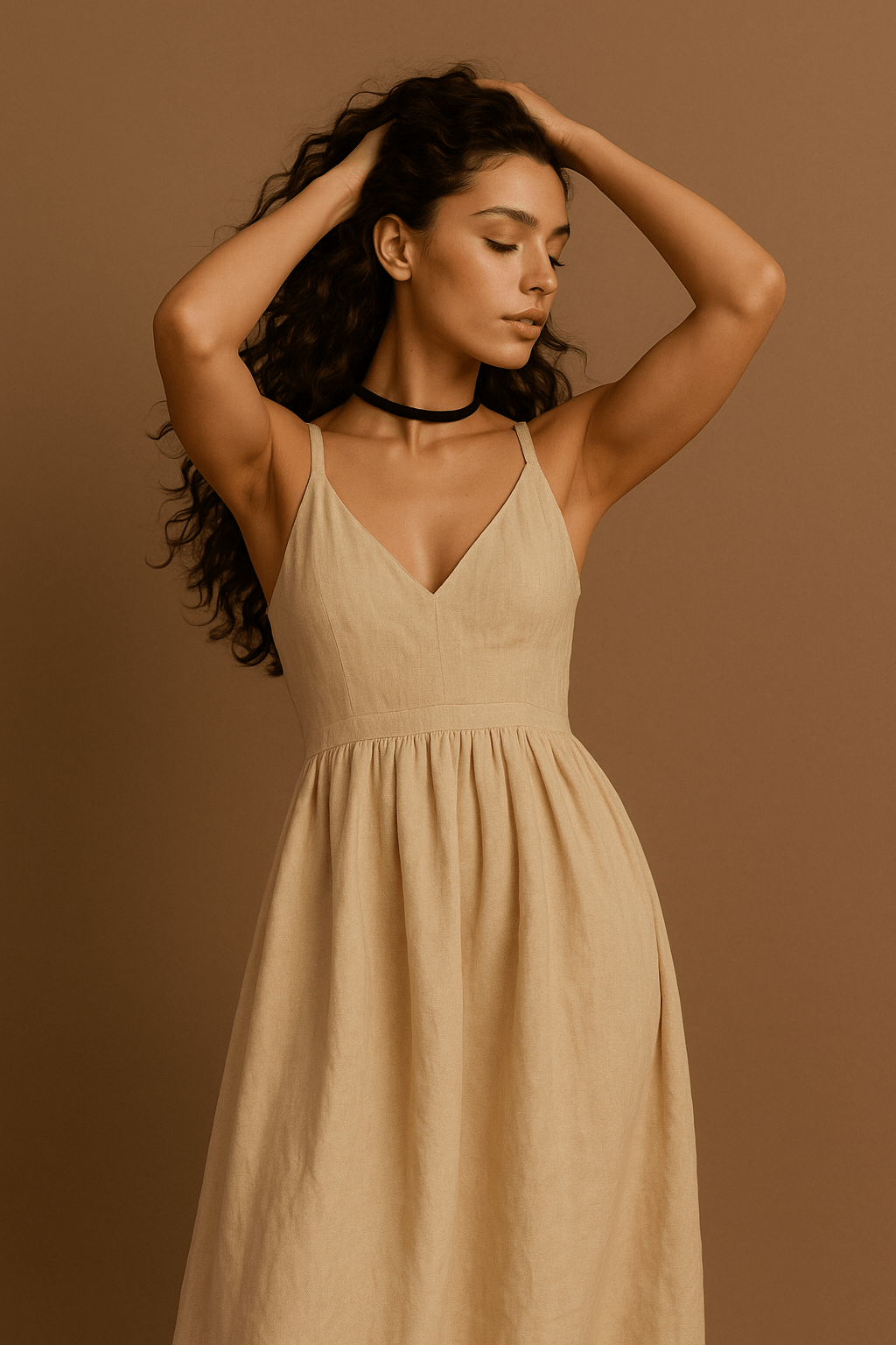 Damen Kleid Beige A-Linie Leinen-Baumwolle für Hochzeit und Festlichkeiten 