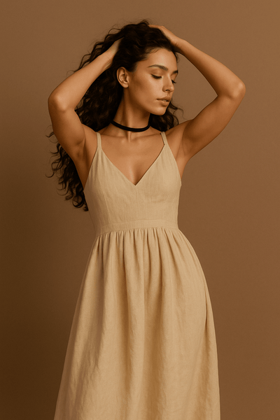 Damen Kleid Beige A-Linie Leinen-Baumwolle für Hochzeit und Festlichkeiten 