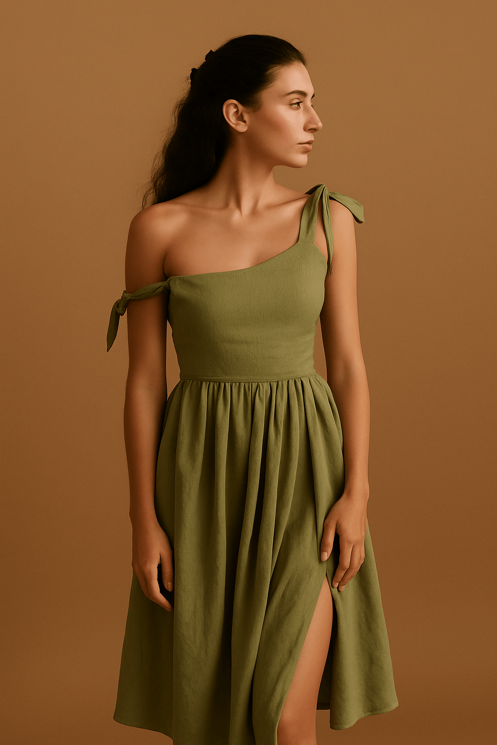 Damen Kleid Beige A-Linie Leinen-Baumwolle für Hochzeit und Festlichkeiten 