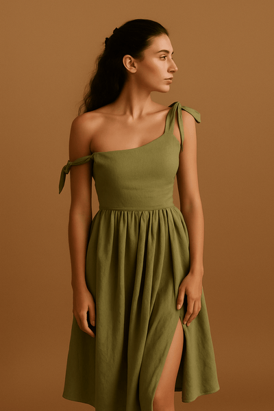 Damen Kleid Beige A-Linie Leinen-Baumwolle für Hochzeit und Festlichkeiten 