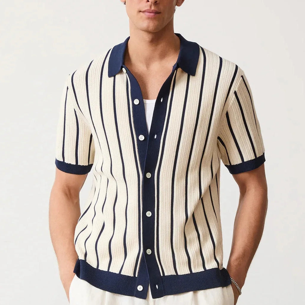 Herren Strickpolo gestreift creme navy Riviera Vintage kurzarm