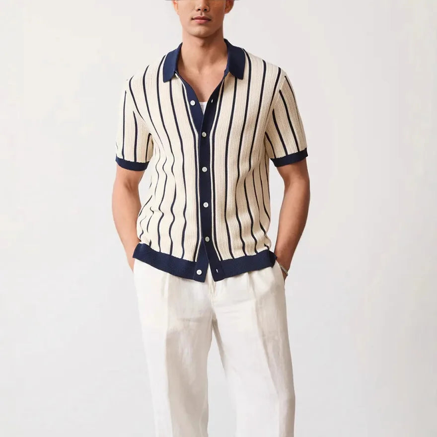 Herren Polo Strick Sahara Stripe beige retro sommer Knopfleiste