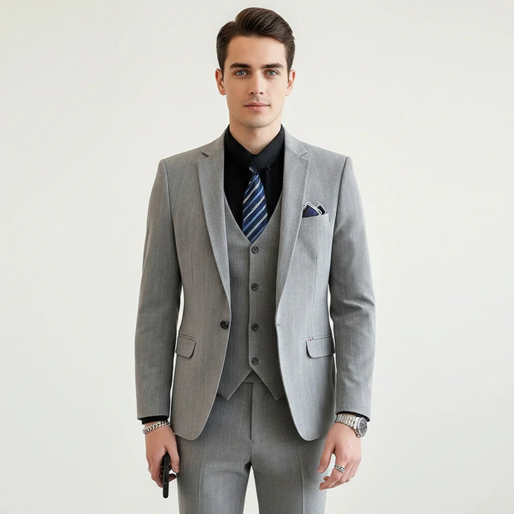 Herren Hochzeitsanzug 3-teilig hellgrau Weste Sakko Hose formell