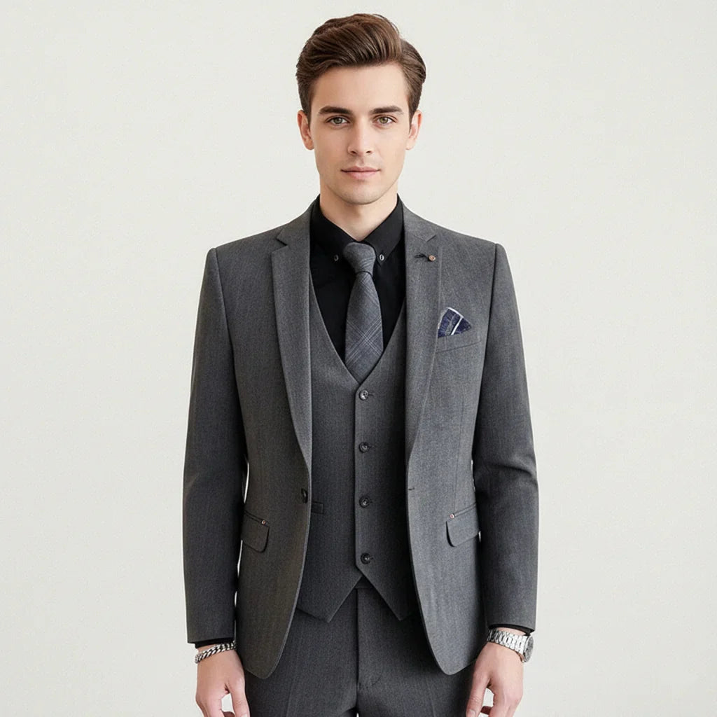 Herren Festanzug 3-teilig slim fit dunkelgrau schwarz Hochzeit