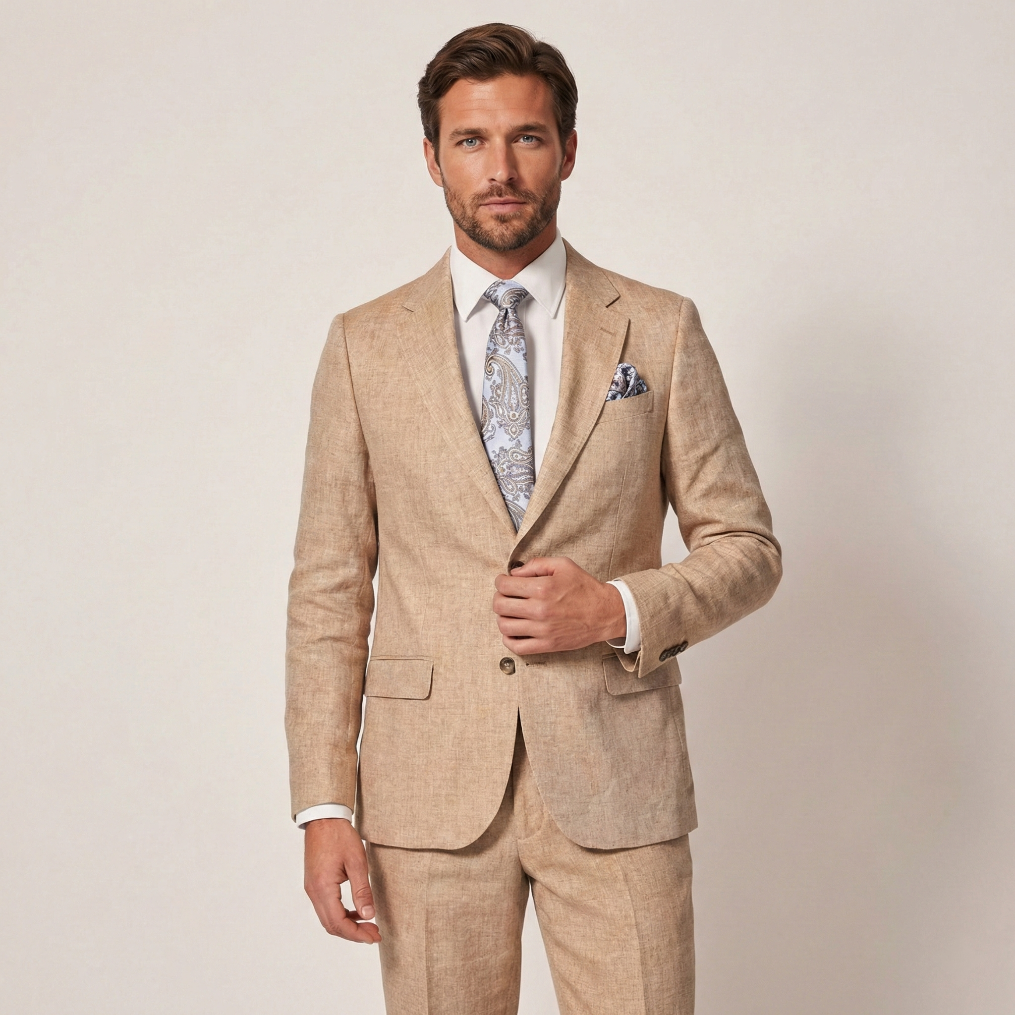 Herren Sommeranzug 2-teilig beige Reverskragen Sakko Hose Hochzeit