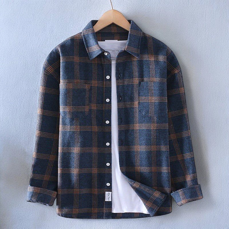 Herren Karohemd Flanell dunkelblau Tartan-Muster Kent-Kragen Alltag