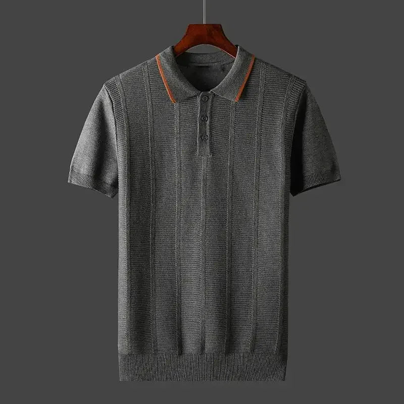 Herren Ripp-Poloshirt grau Kontrastkragen Strick Kurzarm Sommer