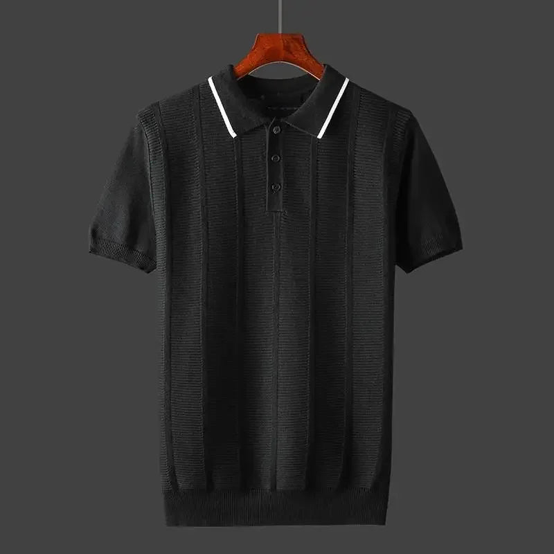 Herren Polo schwarz Ripp Kontrastkragen Freizeit Sommer
