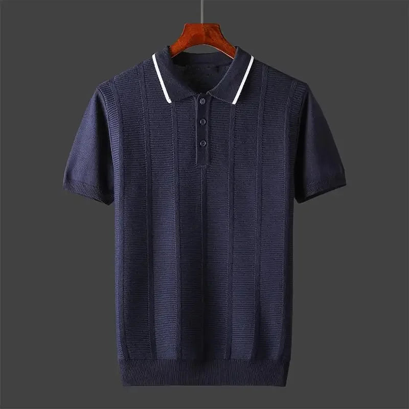Ripp Poloshirt Herren grau navy Strickmuster Kontrastdetail