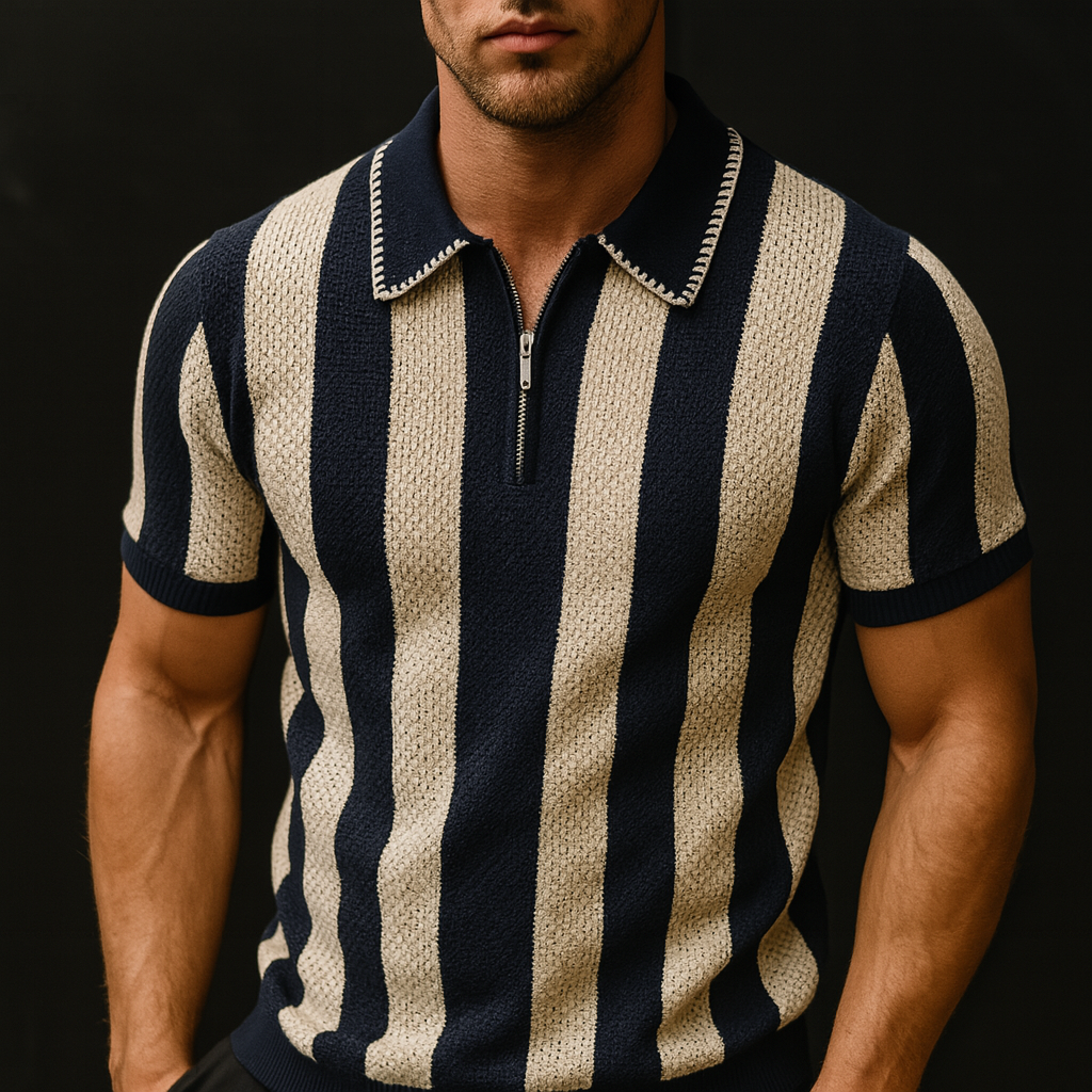 Herren Polo Hemd Streifen Reißverschluss smart casual freizeit