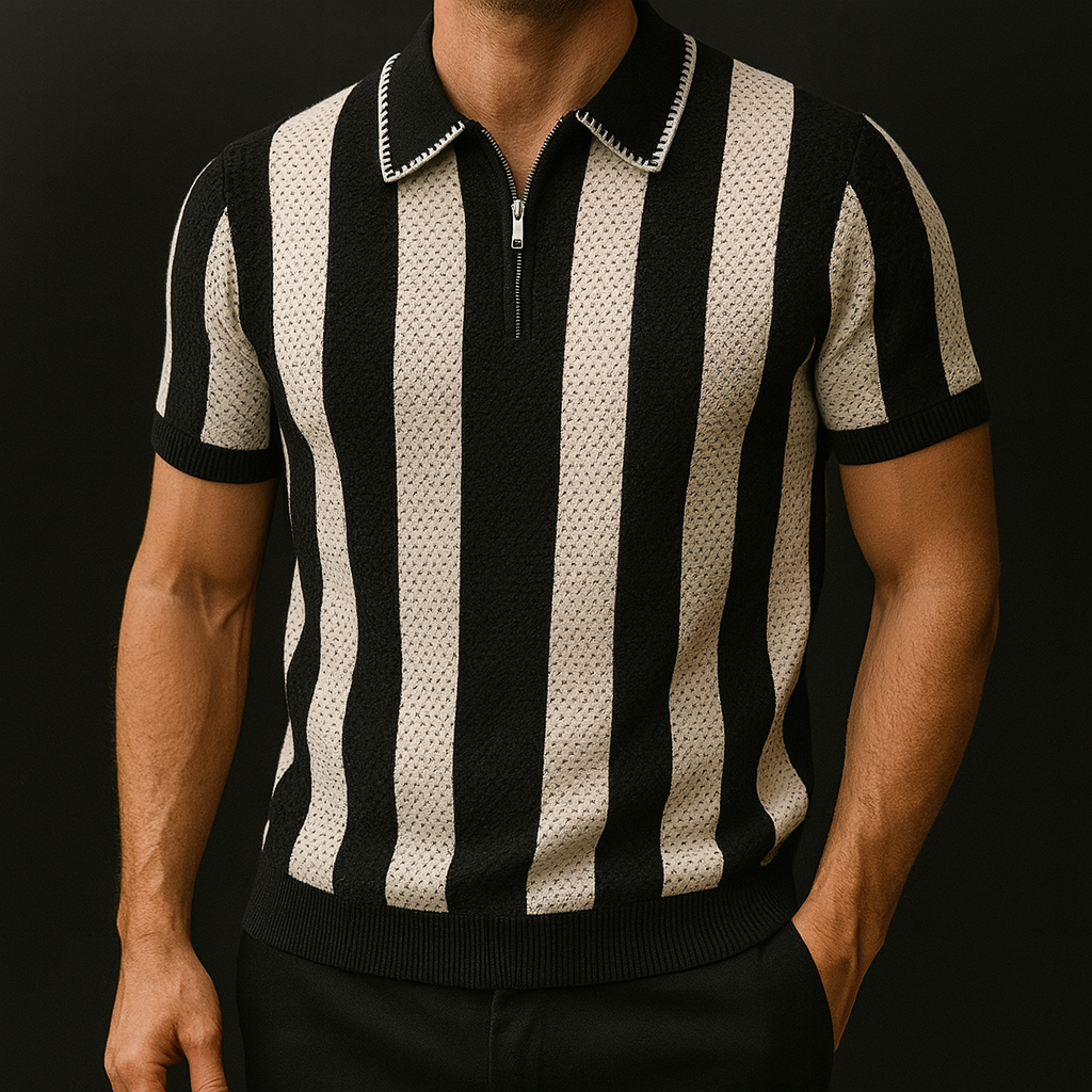 Herren Poloshirt Streifen grün Quarter-Zip Kurzarm casual