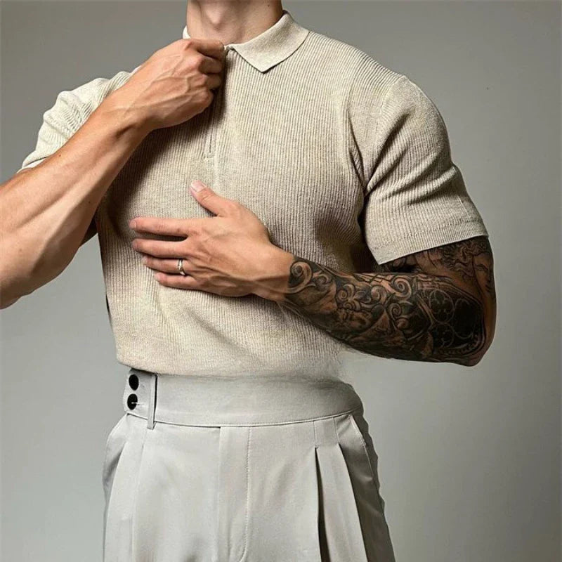Herren Strickpolo weiß beige Reißverschluss Sommer casual