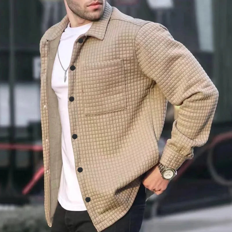 Herren Waffelstrick Hemd khaki Langarm Knopfleiste Layering Alltag