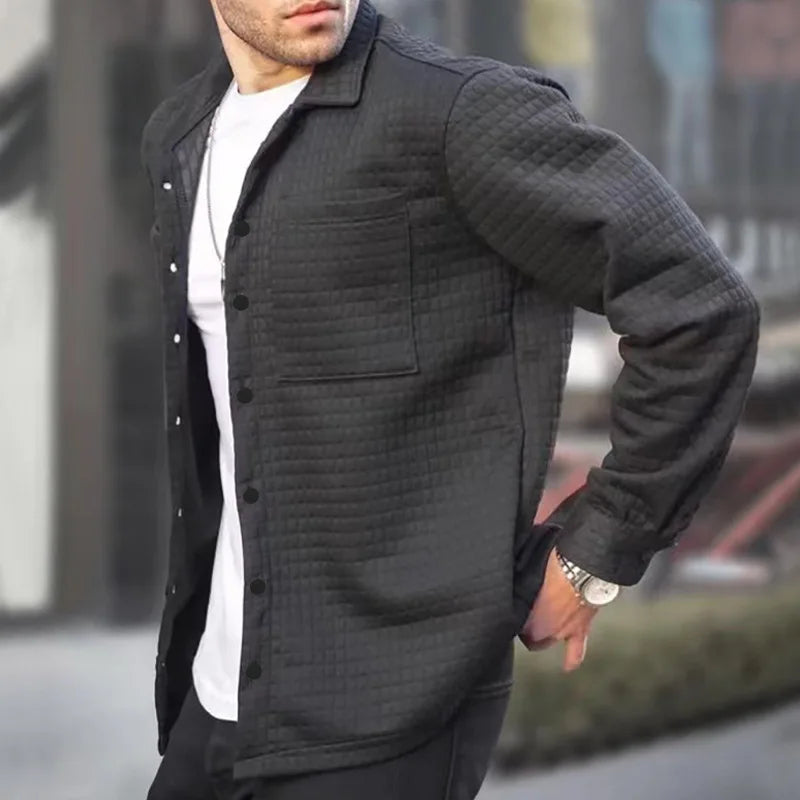 Herren Hemd Waffelstrick schwarz Langarm Overshirt Freizeit