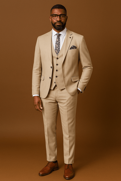 Herrenanzug Beige 3-teilig Slim Fit Polyester für Hochzeit und Anlässe 