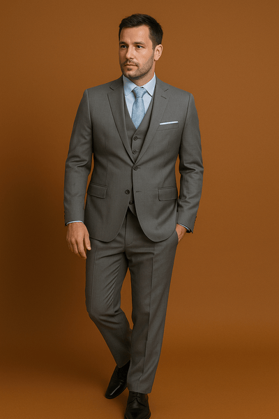 Herrenanzug Grau 3-teilig Polyester Gekerbt für Hochzeit und Formelle Anlässe 