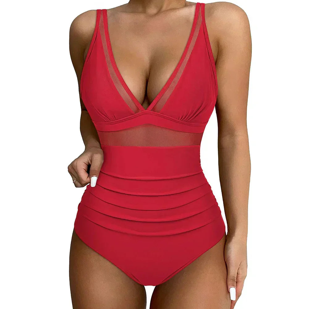 Damen Badeanzug rot V-Ausschnitt Mesh Raffung Neckholder Strand