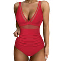 Damen Badeanzug rot V-Ausschnitt Mesh Raffung Neckholder Strand