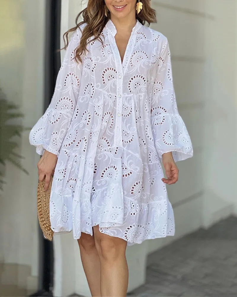 Damen Sommerkleid hellblau Stickerei V-Ausschnitt Boho Volantärmel