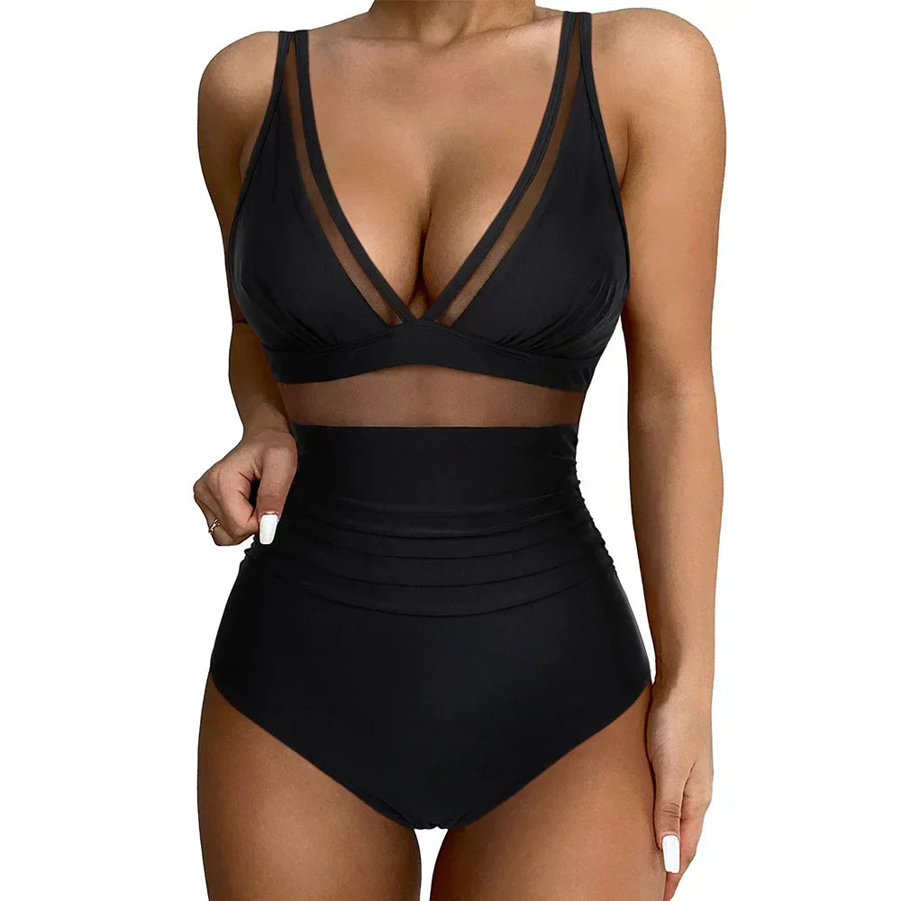 Damen Badeanzug weiß rose Mesh-Einsatz Raffung Bademode Pool