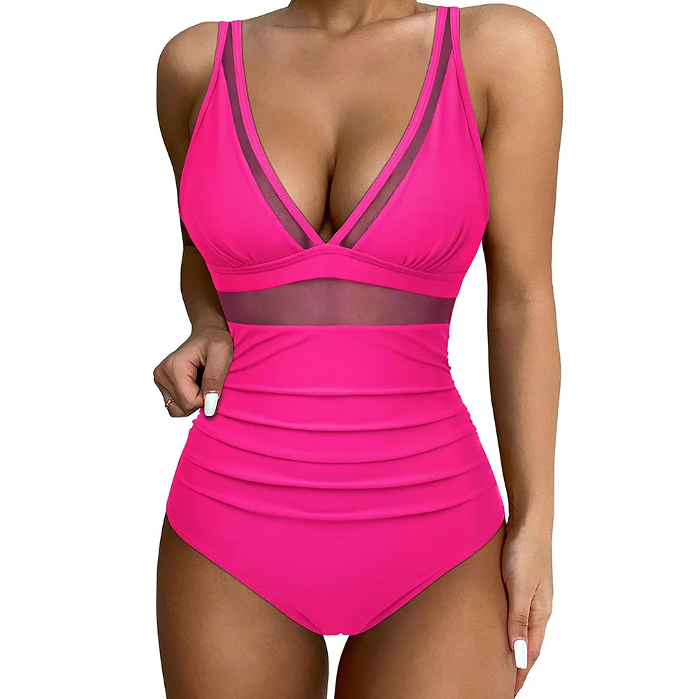 Damen Badeanzug V-Ausschnitt mit Mesh-Einsatz und Raffung - Bild 6