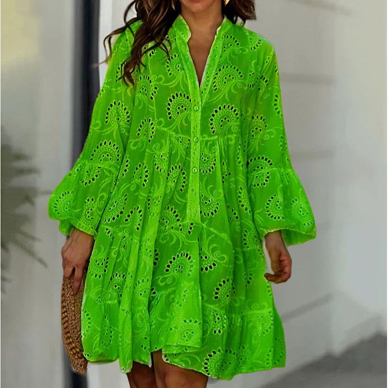 Damen Minikleid grün Lochstickerei V-Ausschnitt Boho Sommer Strand