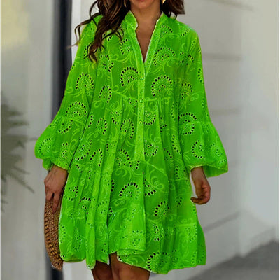 Damen Minikleid mit Lochstickerei und V-Ausschnitt für Sommer