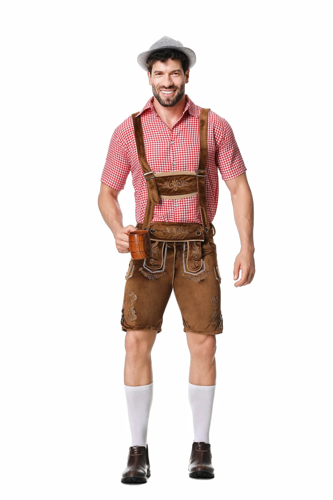 Trachten Set Herren – Lederhosen Set mit Hemd und Hut für Oktoberfest und Volksfeste Herren Kostüme