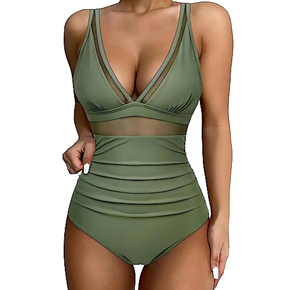 Damen Badeanzug V-Ausschnitt mit Mesh-Einsatz und Raffung - Bild 7