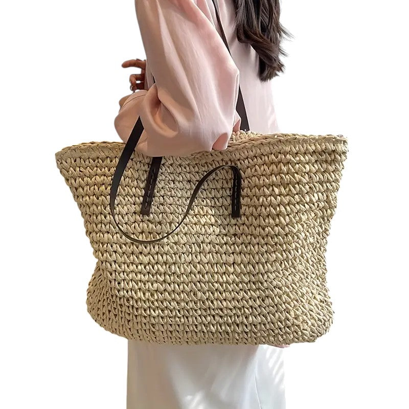 Strohtasche Damen geflochten Leder Griffe Beige khaki sommer