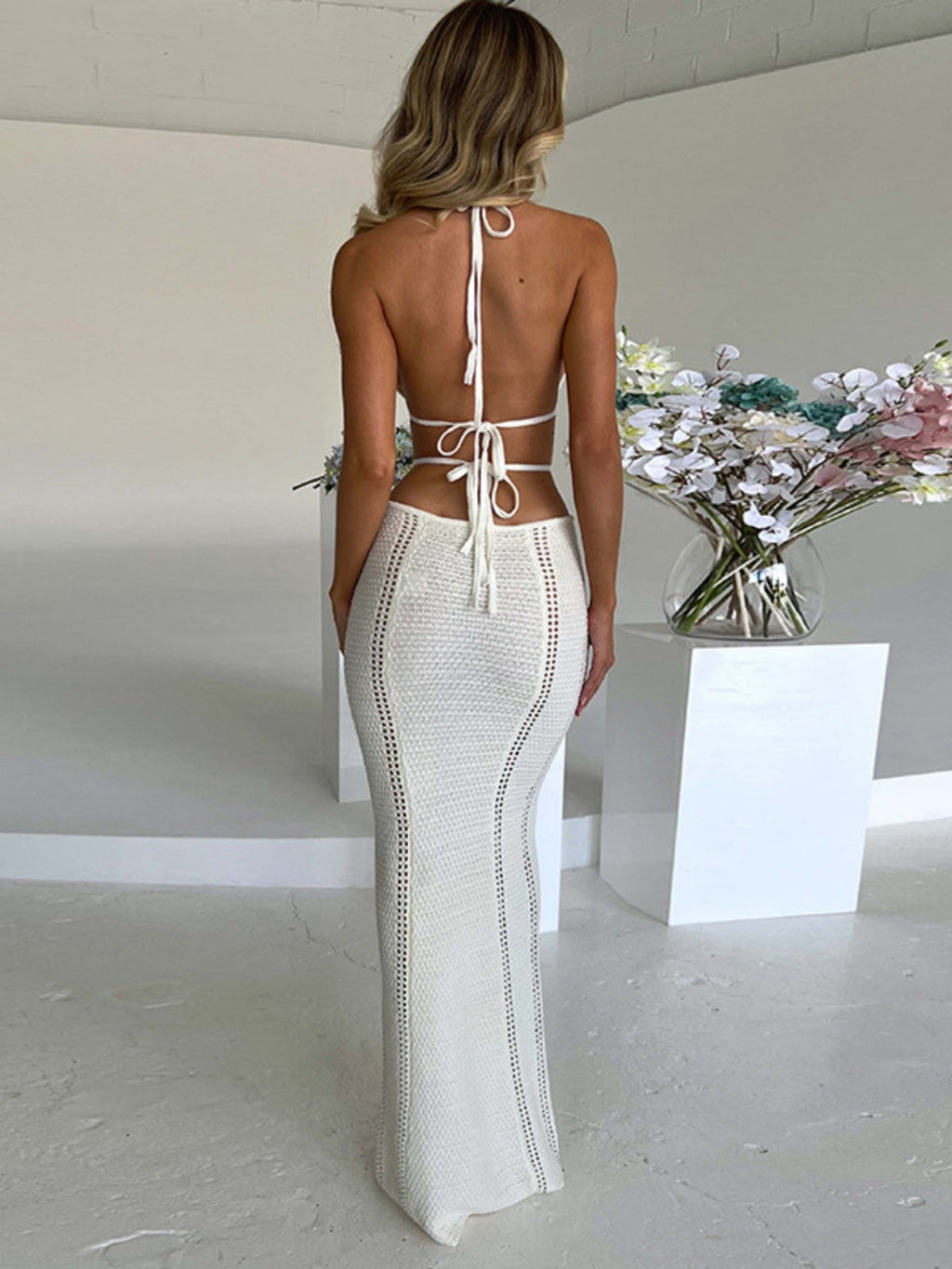 Damen Crochet Maxikleid gelb Häkel Cut-Outs Strand Sommer