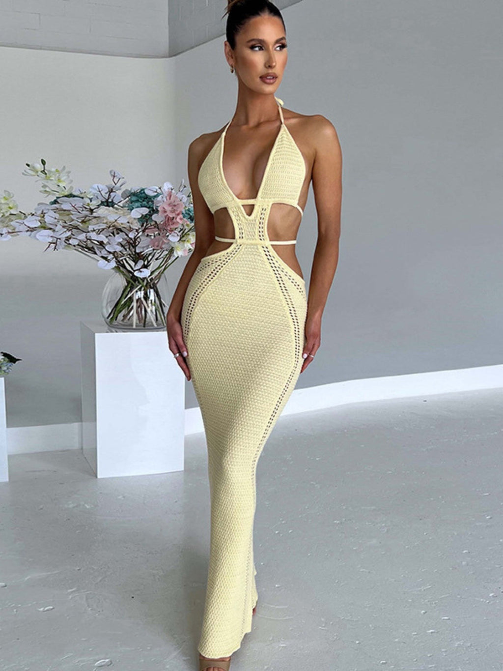 Damen Maxikleid Häkel Ajourmuster gelb pink weiß Strand