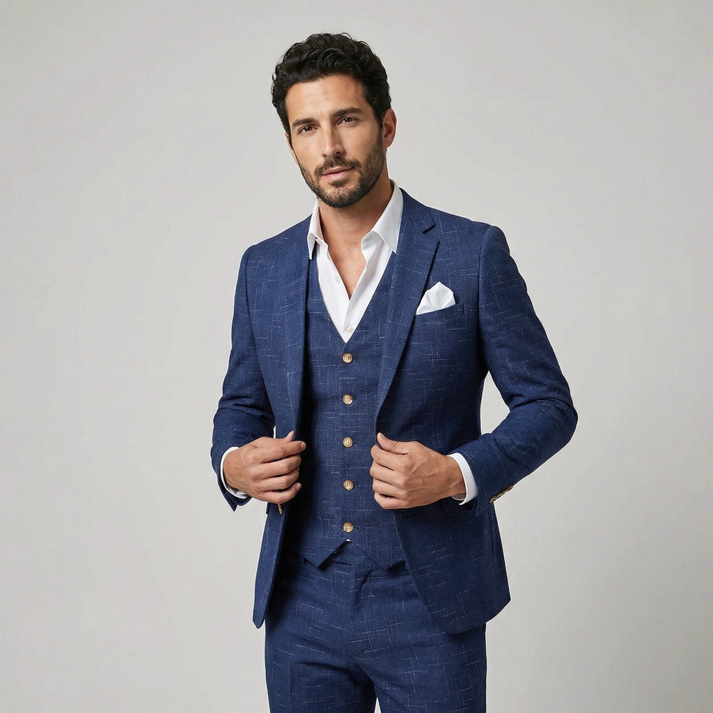 Herren Slim-Fit Anzug 3-teilig navyblau Karomuster Weste Hochzeit