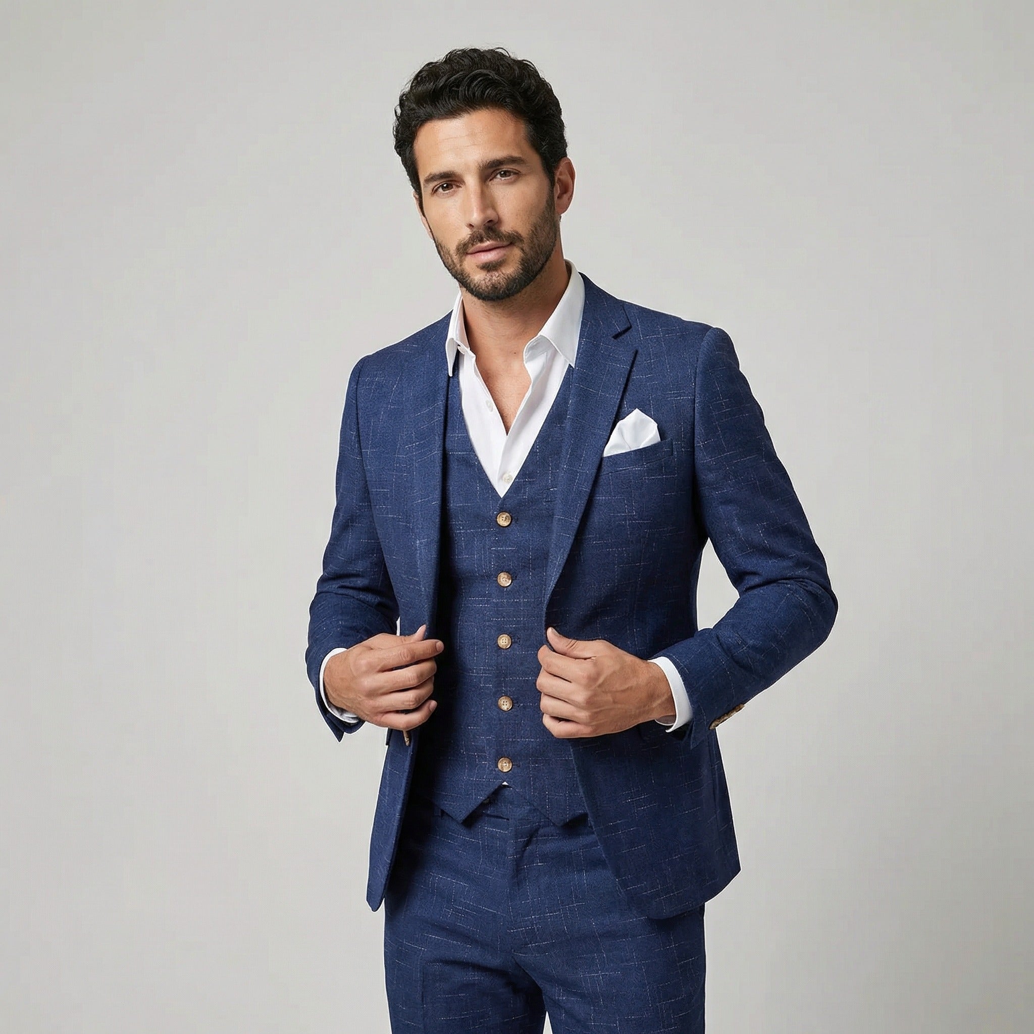 Herren Slim-Fit Anzug 3-teilig navyblau Karomuster Weste Hochzeit