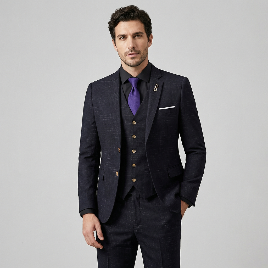 Herren Dreiteiler Slim Fit schwarz blau Sakko Weste Hose formell