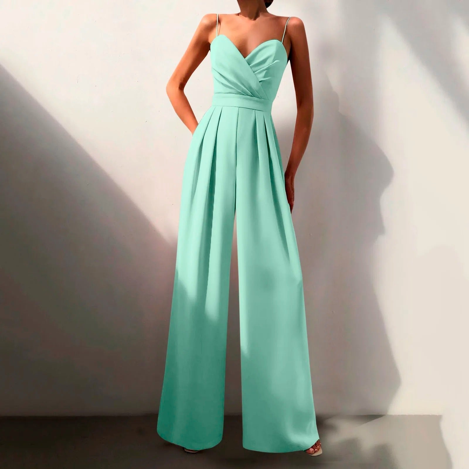 Damen Jumpsuit mint grün pink Spaghettiträger Faltenbein festlich