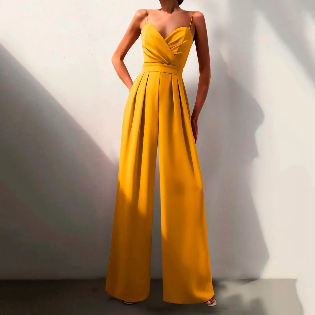 Damen Jumpsuit weiß Spaghettiträger Faltenfront Palazzo Sommer